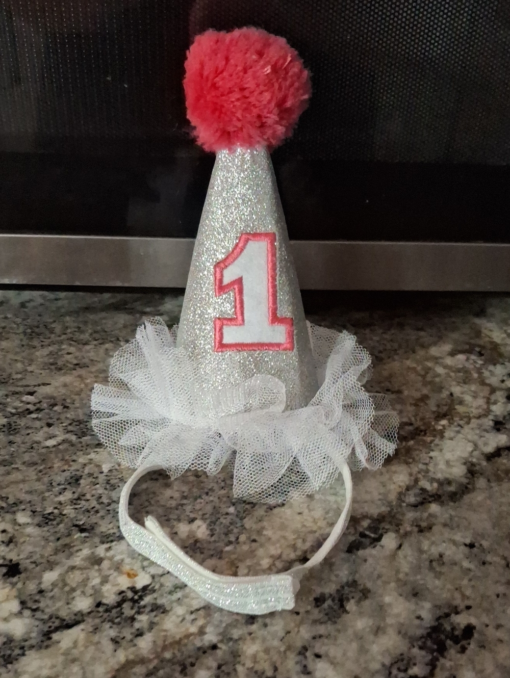 1st Birthday Glitter Party Hat with Pink Pom Pom